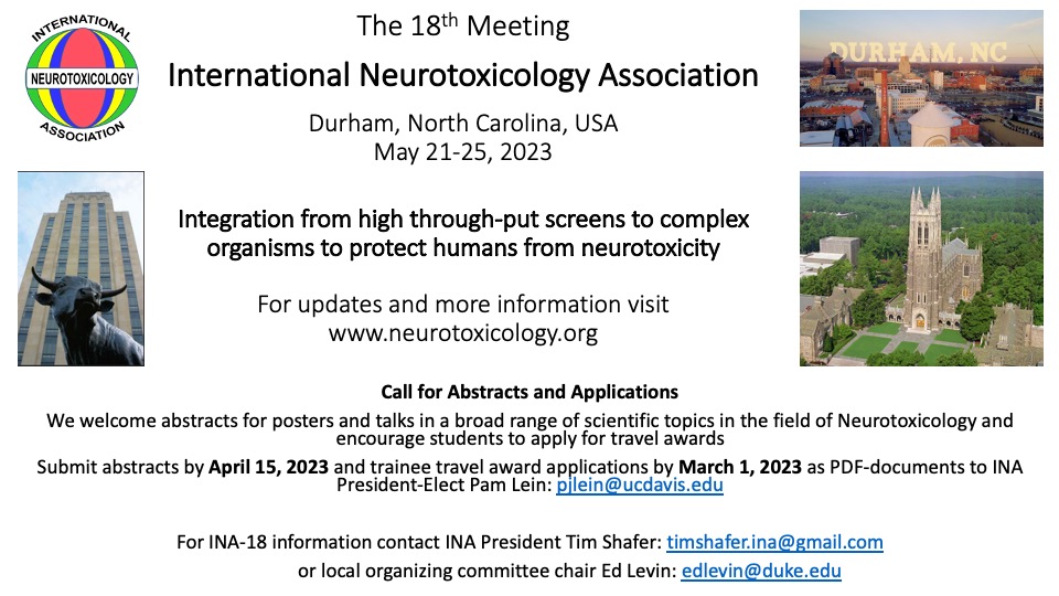 A flyer for the 18th meeting for International Neurotoxicology Association in 2023. Three small images of Durham North Carolina and one image of the International Neurotoxicology Association logo frame the left and right side of the flyer. 